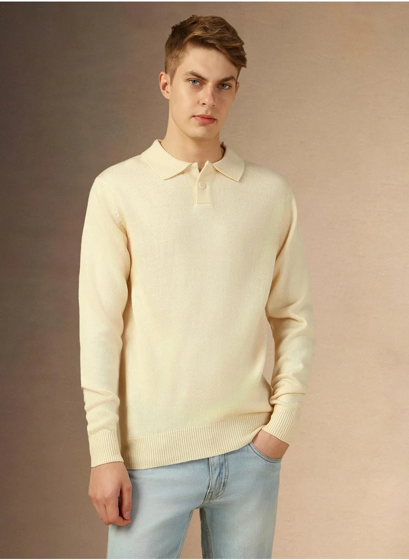 Dennis Lingo Men's Off White 100% Acrylic Solid Regular Fit Sweater
