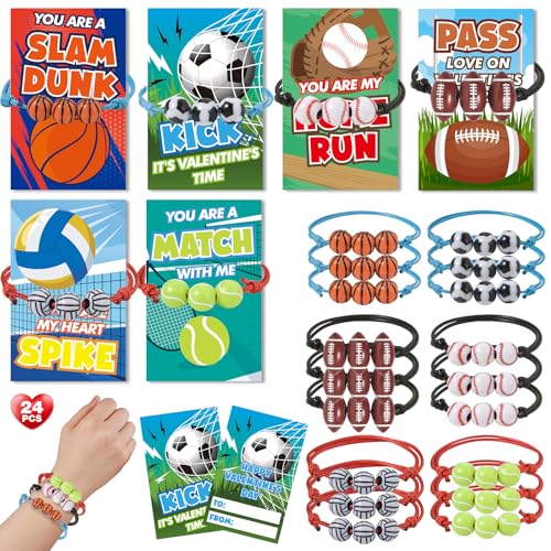 AuroTops Valentines Day Cards for Kids 24 Pack Adjustable Sports Charm Bracelets with Valentines Day Cards for Valentine School Party Favors for Kids Boys Girls Kid Exchange Valentines Day Gifts - Image 1