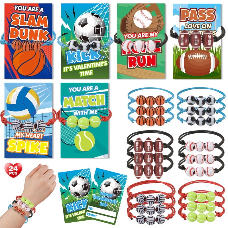 AuroTops Valentines Day Cards for Kids 24 Pack Adjustable Sports Charm Bracelets with Valentines Day Cards for Valentine School Party Favors for Kids Boys Girls Kid Exchange Valentines Day Gifts - Image 3
