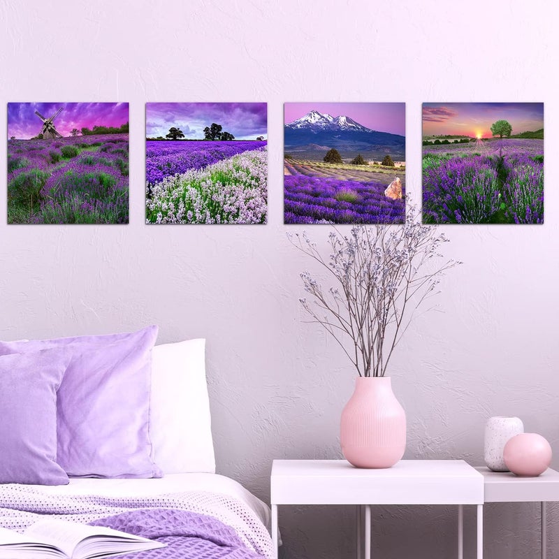 sunfrower Pastoral Home Decor Canvas Wall Art Purple Lavender Flowers Pictures Provence Fields Landscape Paintings Living Room Bedroom Bathroom Decoration Stretched And Framed 12x12 Inches 4 Pieces - Image 2