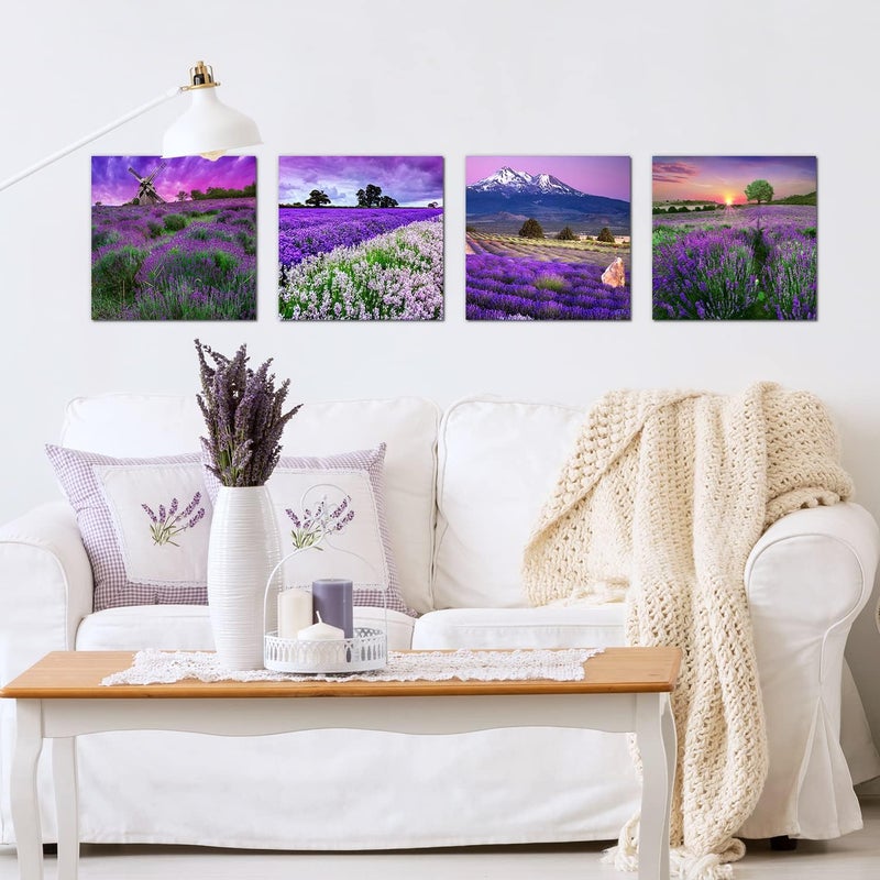 sunfrower Pastoral Home Decor Canvas Wall Art Purple Lavender Flowers Pictures Provence Fields Landscape Paintings Living Room Bedroom Bathroom Decoration Stretched And Framed 12x12 Inches 4 Pieces - Image 3