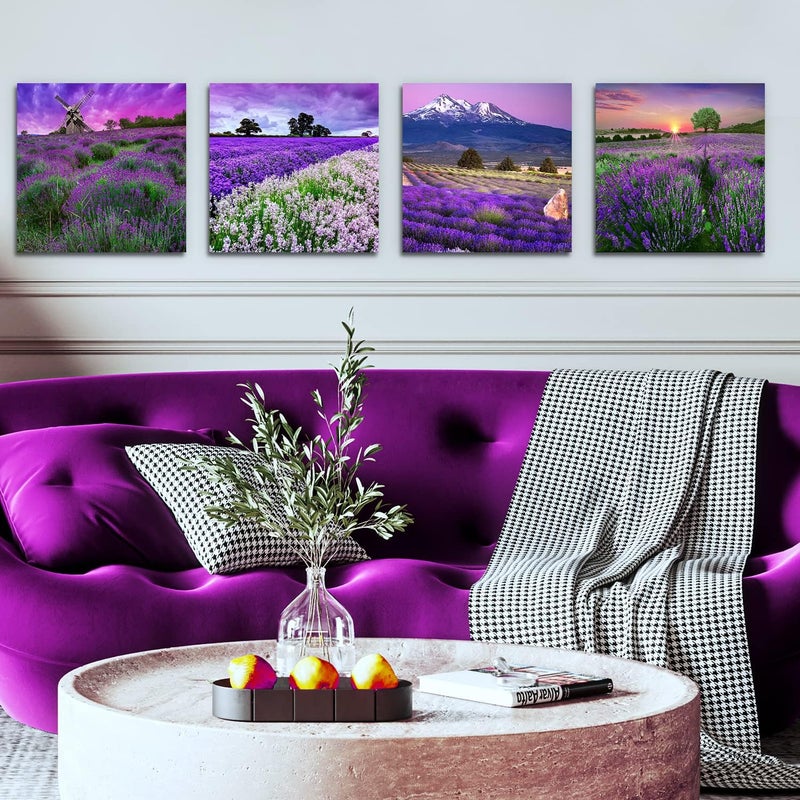 sunfrower Pastoral Home Decor Canvas Wall Art Purple Lavender Flowers Pictures Provence Fields Landscape Paintings Living Room Bedroom Bathroom Decoration Stretched And Framed 12x12 Inches 4 Pieces - Image 5