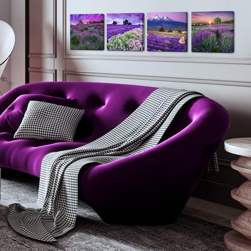 sunfrower Pastoral Home Decor Canvas Wall Art Purple Lavender Flowers Pictures Provence Fields Landscape Paintings Living Room Bedroom Bathroom Decoration Stretched And Framed 12x12 Inches 4 Pieces - Image 4
