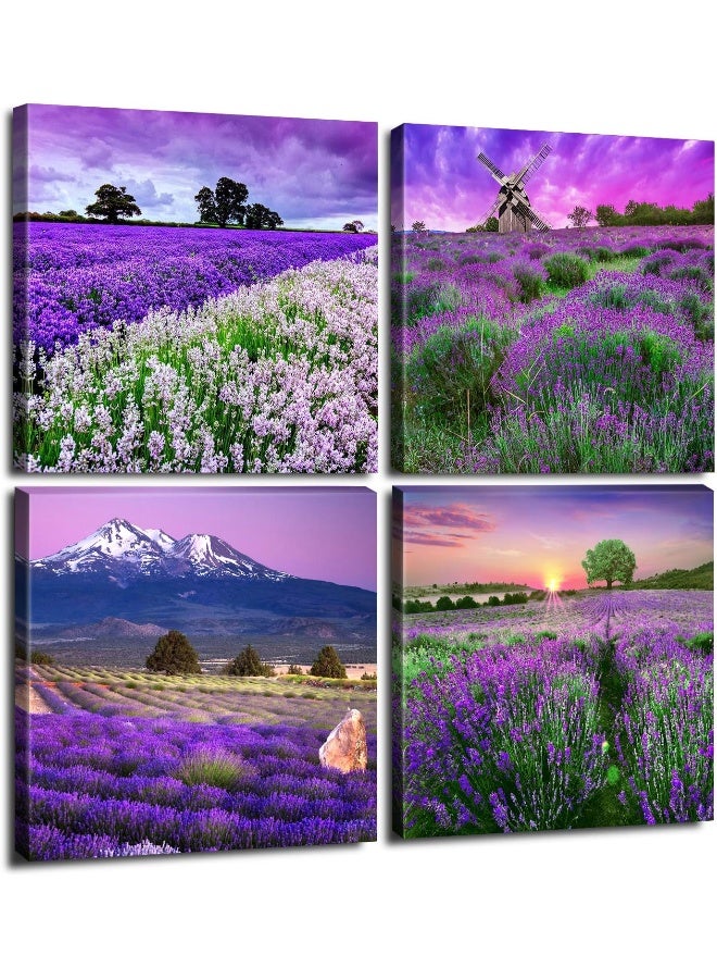 sunfrower Pastoral Home Decor Canvas Wall Art Purple Lavender Flowers Pictures Provence Fields Landscape Paintings Living Room Bedroom Bathroom Decoration Stretched And Framed 12x12 Inches 4 Pieces - Image 1