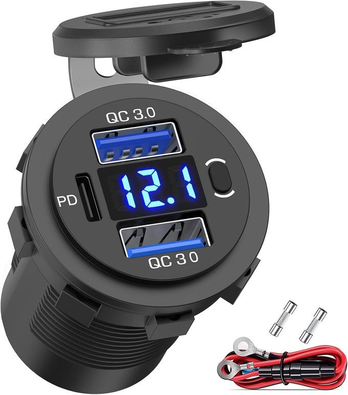 12V Type C Usb Socket Car Charger Adapter With Led Voltmeter