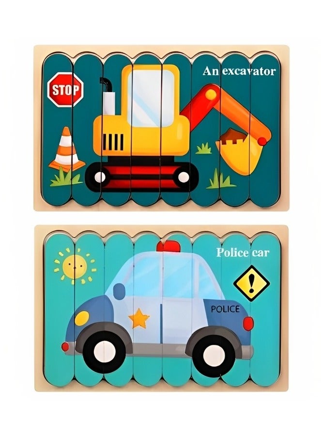 Wooden 3D Jigsaw Puzzles Double Style for Toddlers, Teacher Parents Early Learning Support Tools, Montessori Motor and Sensory Skills Develop Toys, Ideal Kids Gift (Excavator & Police Car Style) - Image 1
