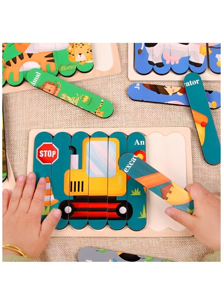 Wooden 3D Jigsaw Puzzles Double Style for Toddlers, Teacher Parents Early Learning Support Tools, Montessori Motor and Sensory Skills Develop Toys, Ideal Kids Gift (Excavator & Police Car Style) - Image 3