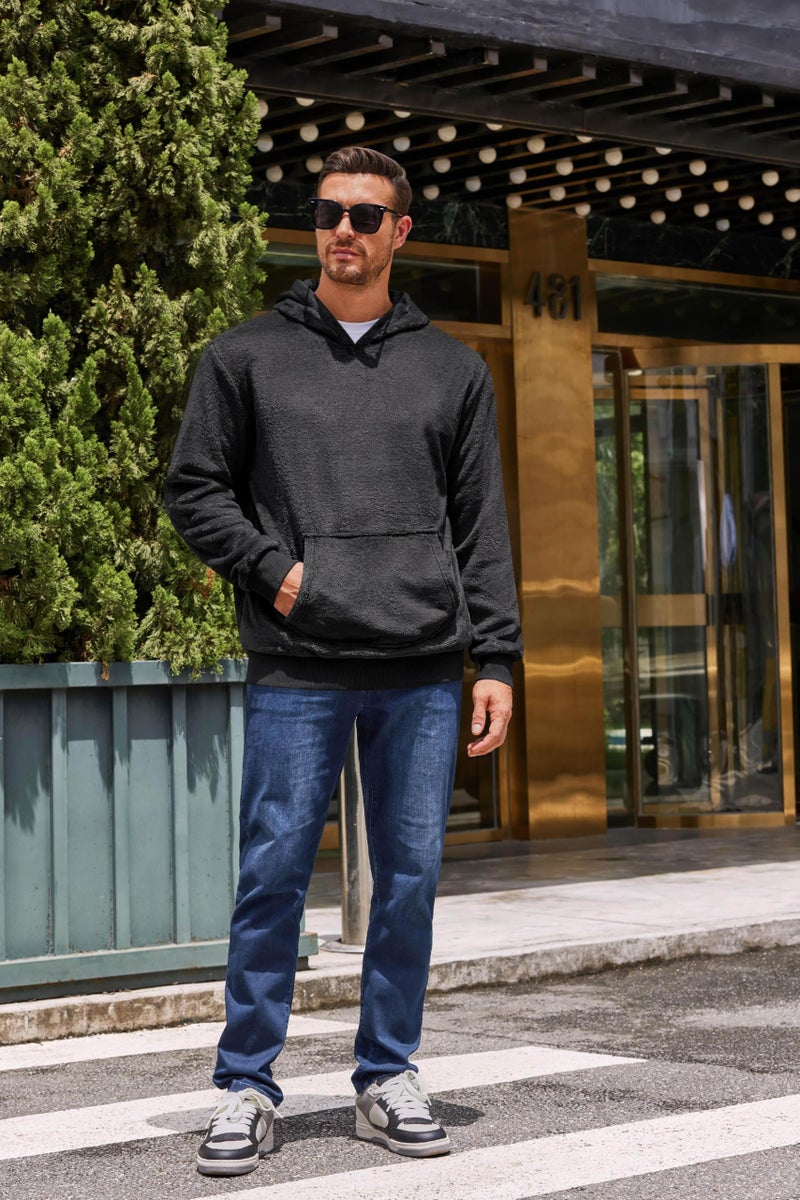 Runcati Mens Fuzzy Sherpa Pullover Hoodie Sweatshirts Long Sleeve Kangaroo Pocket Winter Fall Outwear Hooded Black - Image 4