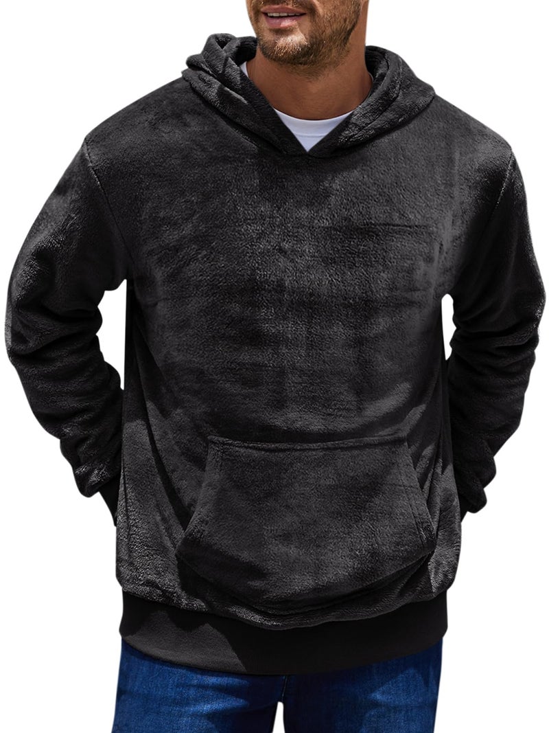 Runcati Mens Fuzzy Sherpa Pullover Hoodie Sweatshirts Long Sleeve Kangaroo Pocket Winter Fall Outwear Hooded Black - Image 2