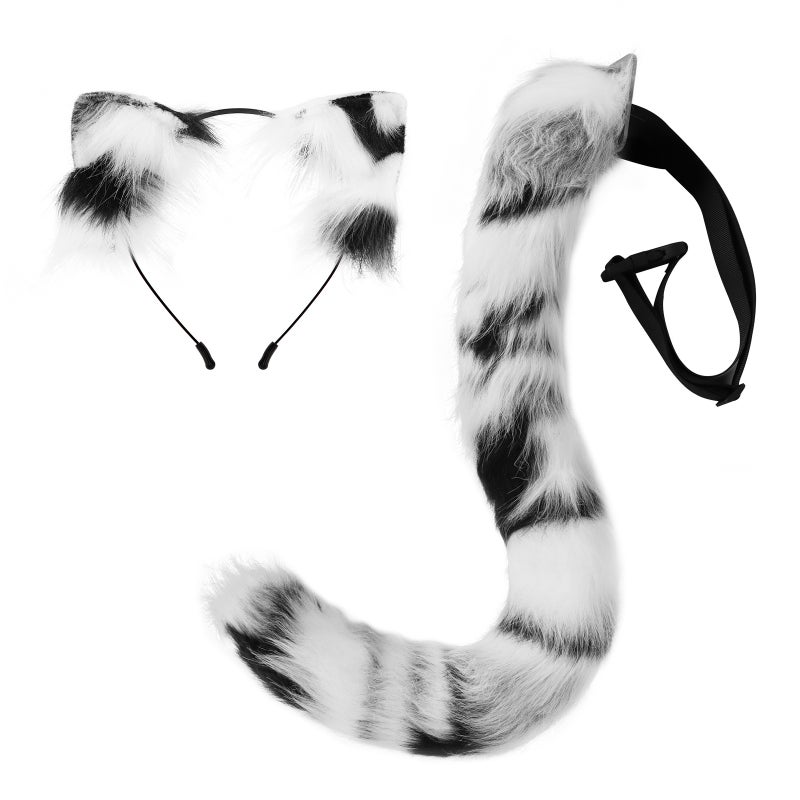 Dropshipping Tabby Cat Ear Headband Lolita Black and White Cat Tail Handmade Simulated Animal Ear Headband Animal Tail Set - Image 3