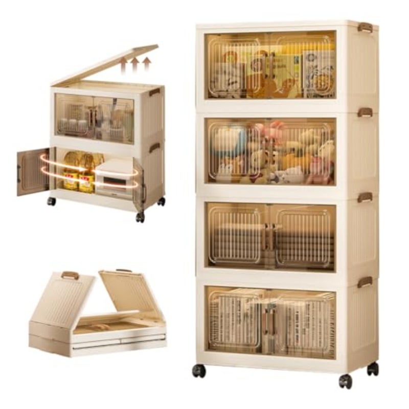 Folding Storage Box with Lid, 4-Tier Plastic Storage Bins with Magnetic and Wheels, 45CM Wide Stackable Storage Containers Collapsible Storage Cabinet for Home Living Room Bedroom Office Organizing - Image 1