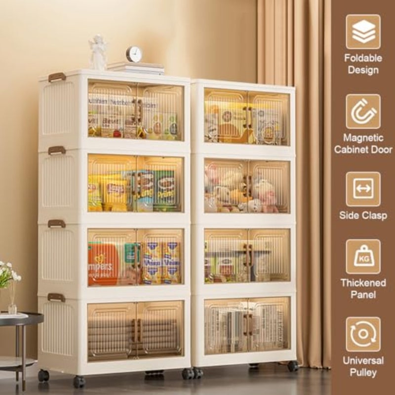 Folding Storage Box with Lid, 4-Tier Plastic Storage Bins with Magnetic and Wheels, 45CM Wide Stackable Storage Containers Collapsible Storage Cabinet for Home Living Room Bedroom Office Organizing - Image 2