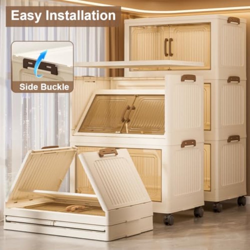 Folding Storage Box with Lid, 4-Tier Plastic Storage Bins with Magnetic and Wheels, 45CM Wide Stackable Storage Containers Collapsible Storage Cabinet for Home Living Room Bedroom Office Organizing - Image 5