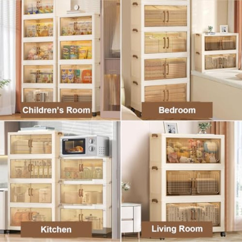Folding Storage Box with Lid, 4-Tier Plastic Storage Bins with Magnetic and Wheels, 45CM Wide Stackable Storage Containers Collapsible Storage Cabinet for Home Living Room Bedroom Office Organizing - Image 4