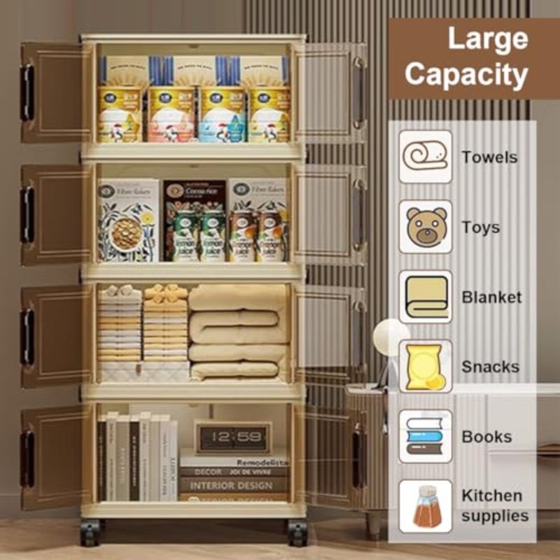 Folding Storage Box with Lid, 4-Tier Plastic Storage Bins with Magnetic and Wheels, 45CM Wide Stackable Storage Containers Collapsible Storage Cabinet for Home Living Room Bedroom Office Organizing - Image 3