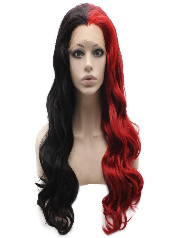 MX angel Long Wavy Half Black Red Two Tone Synthetic Lace Front Party Wig - Image 1