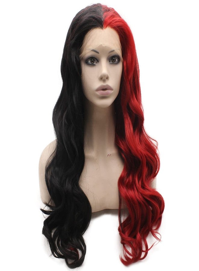 MX angel Long Wavy Half Black Red Two Tone Synthetic Lace Front Party Wig - Image 2