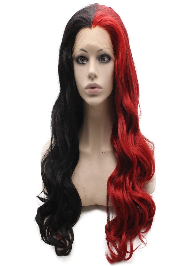 MX angel Long Wavy Half Black Red Two Tone Synthetic Lace Front Party Wig - Image 3