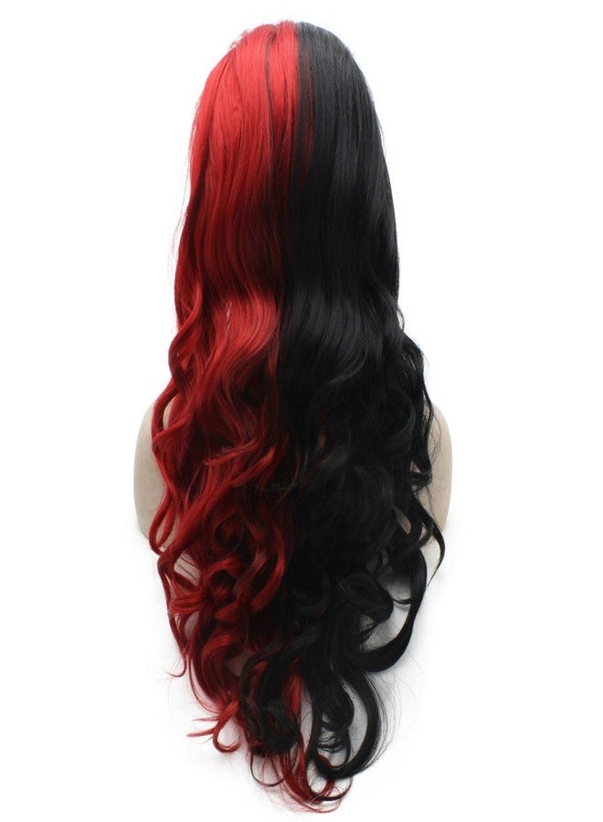 MX angel Long Wavy Half Black Red Two Tone Synthetic Lace Front Party Wig - Image 4
