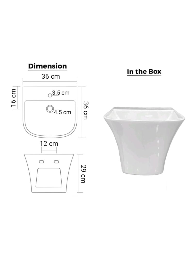 SYON Syon LINEA Premium Ceramic Wall Hung Wash Basin for Bathroom Living Room 14x14  - Image 4