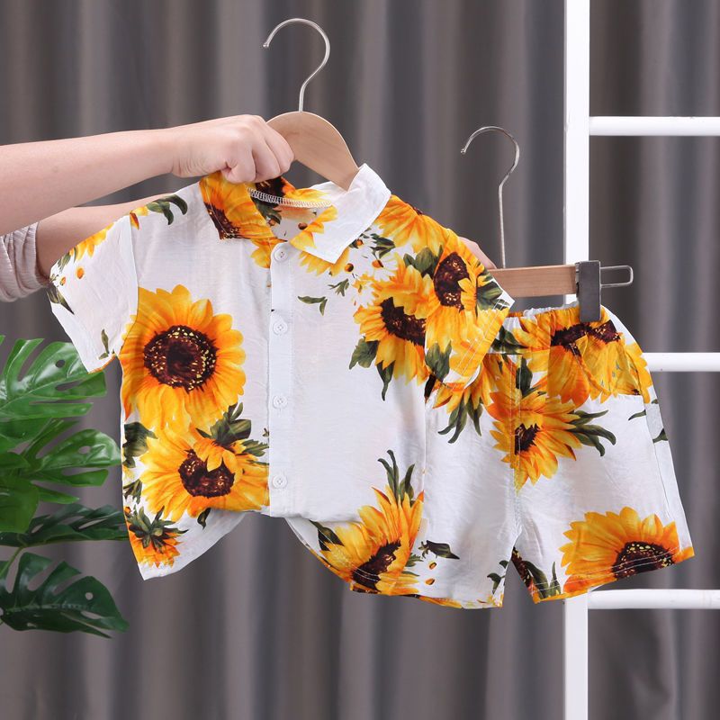 Generic Boys Short-sleeved Floral Shirt Childrens Summer Beach Shirt and Shorts Two-piece 2024 New Fashionable Baby Clothes 6-White 