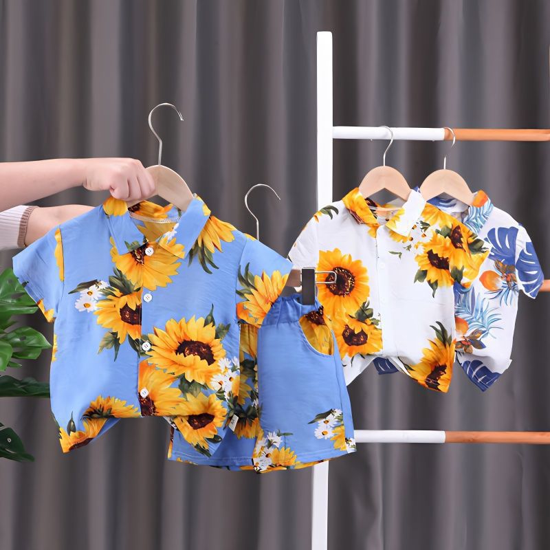Boys Short-sleeved Floral Shirt Childrens Summer Beach Shirt and Shorts Two-piece 2024 New Fashionable Baby Clothes 6-White - Image 2