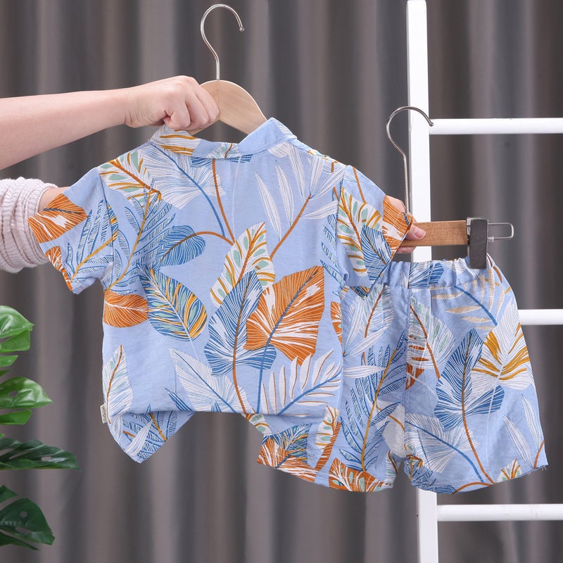 Boys Short-sleeved Floral Shirt Childrens Summer Beach Shirt and Shorts Two-piece 2024 New Fashionable Baby Clothes 6-White - Image 5