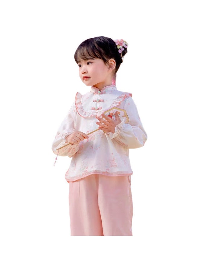 Cute Jinse Chunqiu Girls' Chinese Tang Suit Pants Set Oriental Luxury Style Pink (Without Pendant) 110 - Image 2