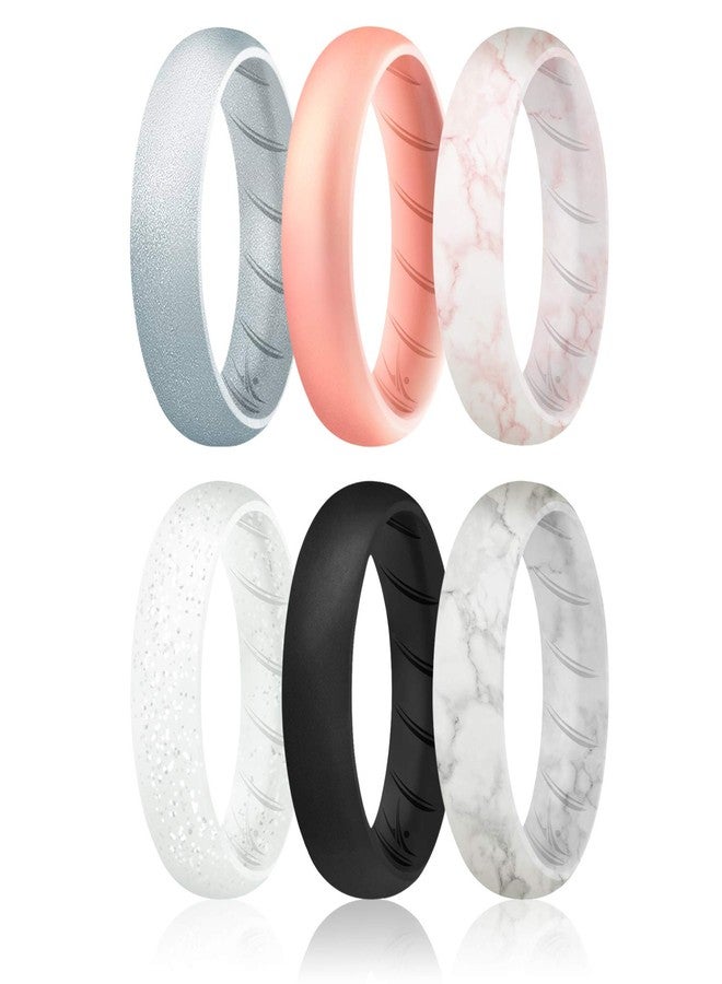 ROQ Silicone Rings for Women, Breathable Silicone Rings, Sets of 4 Bands, Unique Silicone Wedding Ring for Women, Medical Grade Silicone Rubber Band - Rose Gold, Marble, Silver Colors - Size 11 - Image 1