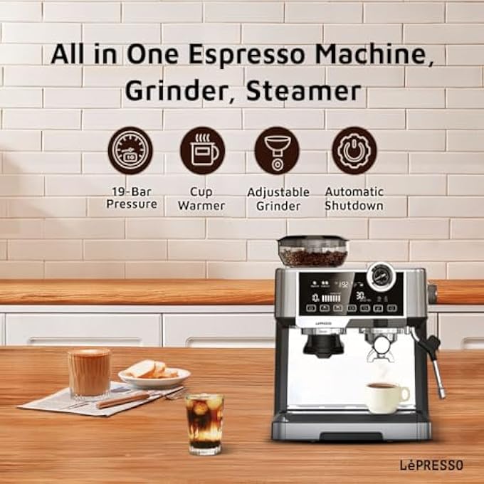ليبرسو ماكينة قهوة نصف أوتوماتيكية مع مطحنة قابلة للتعديل وآلة إسبرسو مزدوجة الغلاية وعصا بخار ومضخة 19 بار وسخان أكواب تجاري 58 مم وفلتر بورتا وخيارات تخمير متعددة وخزان كبير - Image 2