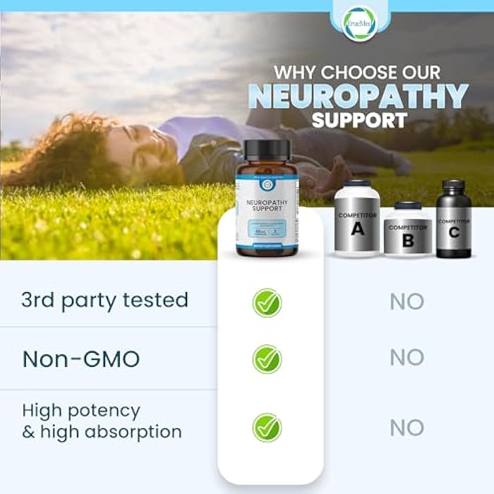 TRUEMED Neuropathy Support Neuro and Nerve Health Supplement with Vitamin D3, B6, B12, Acetyl-L-Carnitine, Alpha-Lipoic Acid, and Benfotiamine Supports Feet Nerve Function 60 Vegetable Capsules - Image 4