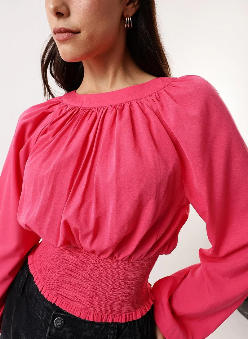 Dennis Lingo Raspberry Women's Raspberry Poly Crepe Solid T-Shirt Regular Fit Tops for Women | Best Price UAE