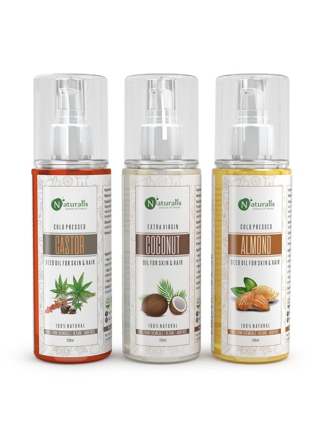 Naturalis Naturalis Essence Of Nature Trio of castor/coconut/almond Oil for Skin & Hair (200ml Each)  - Image 1