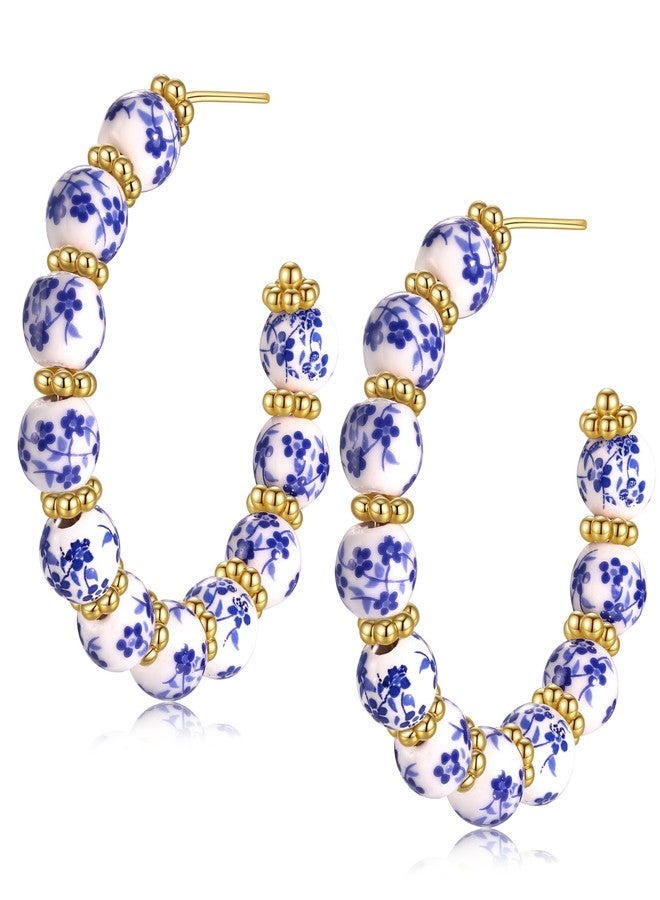 BVGA Porcelain Hoop Earring for Women Blue and White Ceramic Earrings Floral Beaded Earrings Coquette Vintage Jewelry Accessories Gifts - Image 1