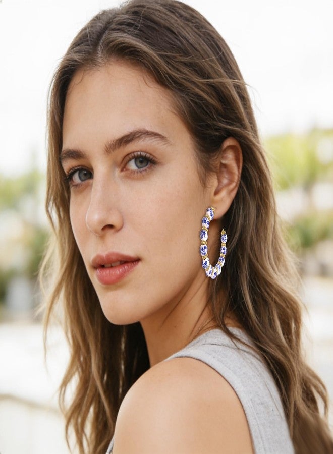BVGA Porcelain Hoop Earring for Women Blue and White Ceramic Earrings Floral Beaded Earrings Coquette Vintage Jewelry Accessories Gifts - Image 2