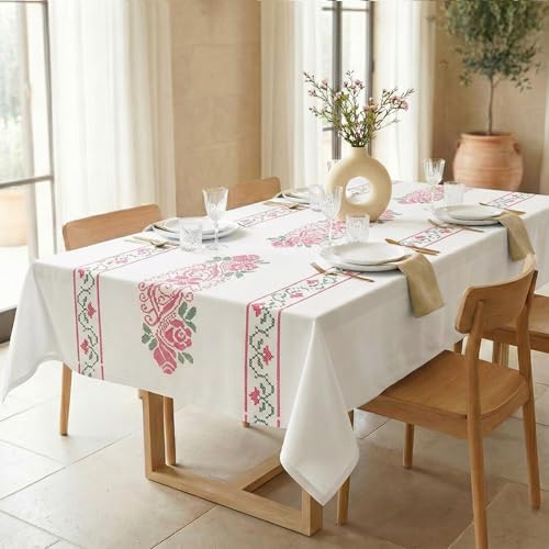 RUSTIQUE LINENS 100% Cotton Printed Table Cloth for 4 Seater|Water & Stain Resistant Dining Table Cover – Heavyweight, Washable –Daisy Line(150 x 150 CM) - Image 1
