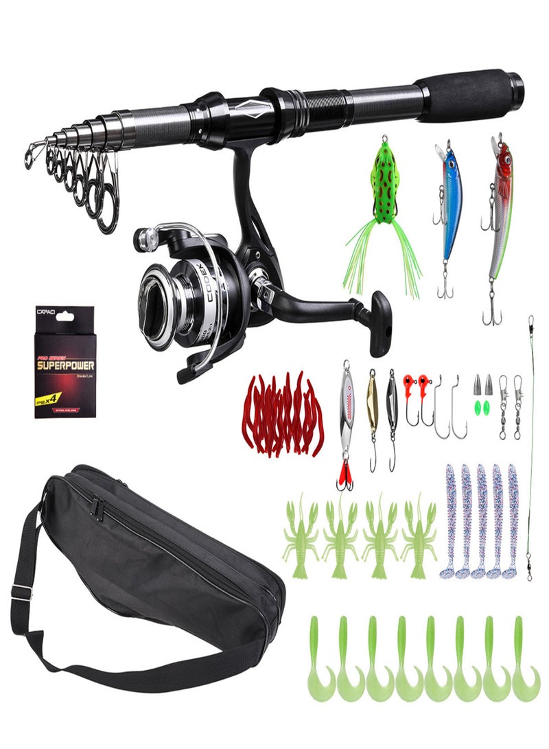 CAPACI Portable Fishing Rod and Reel Combos Carbon Fiber Telescopic Fishing Rod Reel Set with Lures Jig Hooks Swivels Accessories for Travel Saltwater Freshwater Fishing - Image 1