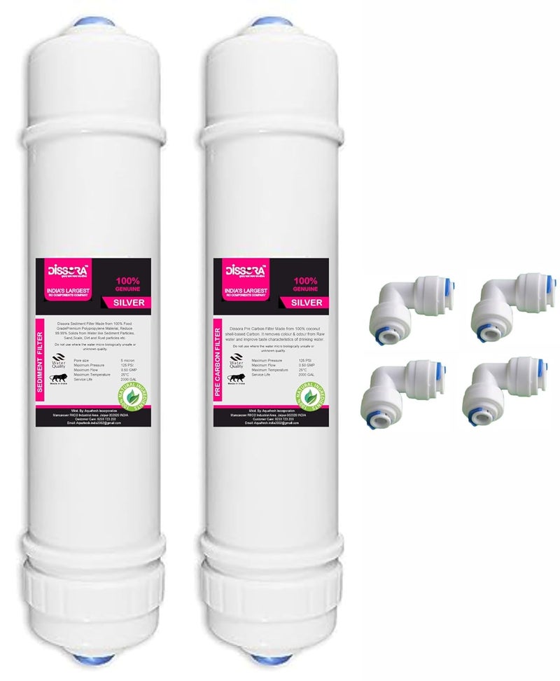 Dissora Silver 10 Inch Inline Pre Activated Carbon Block and Sediment Filter Cartridge Set Suitable for All Kind of RO UV UF Water Purifier Pack of 2 - Image 1