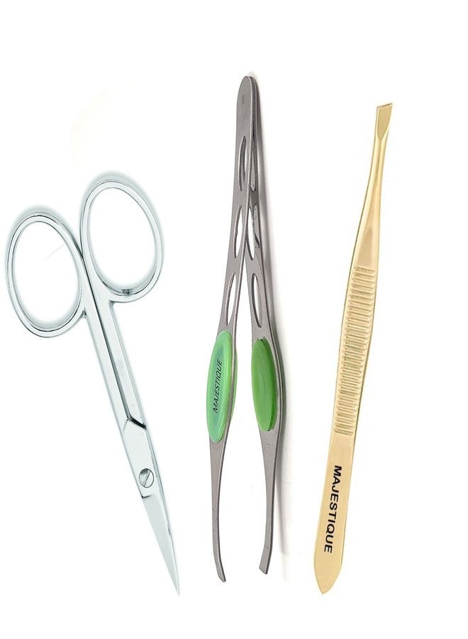 Majestique Eyebrow Pluker with Mini Scissors | Hair Tweezer | Cuticle Scissors Tools for Ingrown Hair and Splinters | Facial Tweezer Tools for Eyebrows and Hair Plucker Removal - Gold/Silver 3Pcs - Image 1