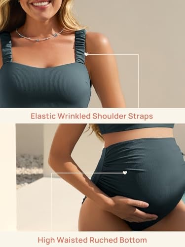 Summer Mae Ribbed Maternity Bikini Swimsuit for Women High Waisted Two-Piece Bathing Suit Crop Top Pregnancy Swimwear Balsam Green 12 - Image 5
