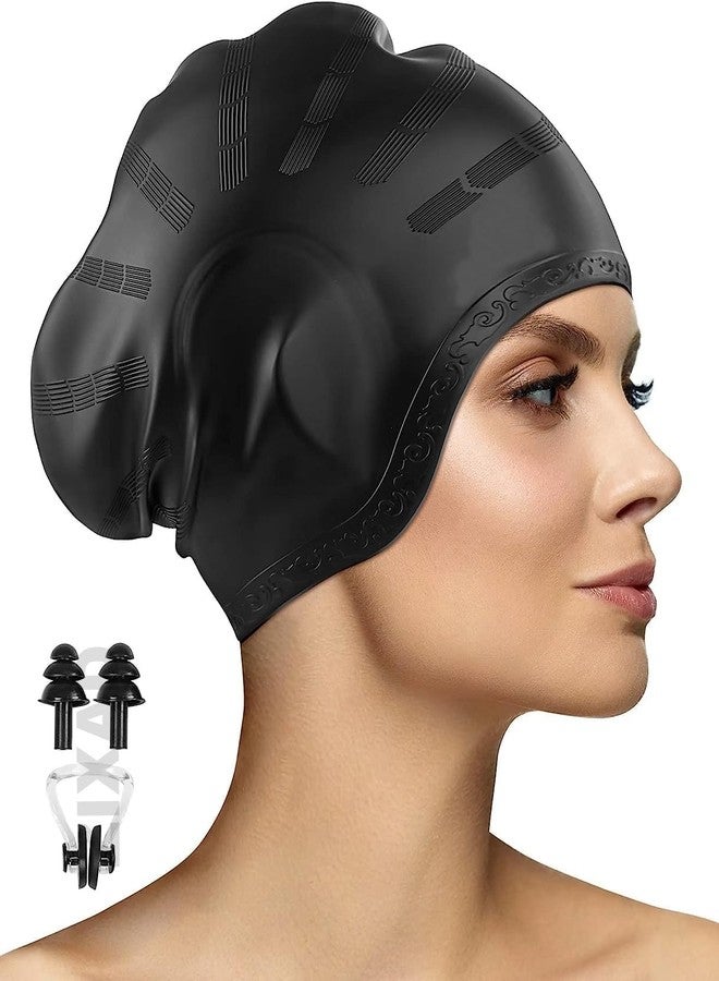 Silicone Swimming Cap with Nose Clip & Ear Plug- Long & Short Hair, Cover Ears to Keep Hair Dry, Waterproof Swim Caps, Anti-Slip Comfortable High Elasticity- Adults Men Women (Black)
