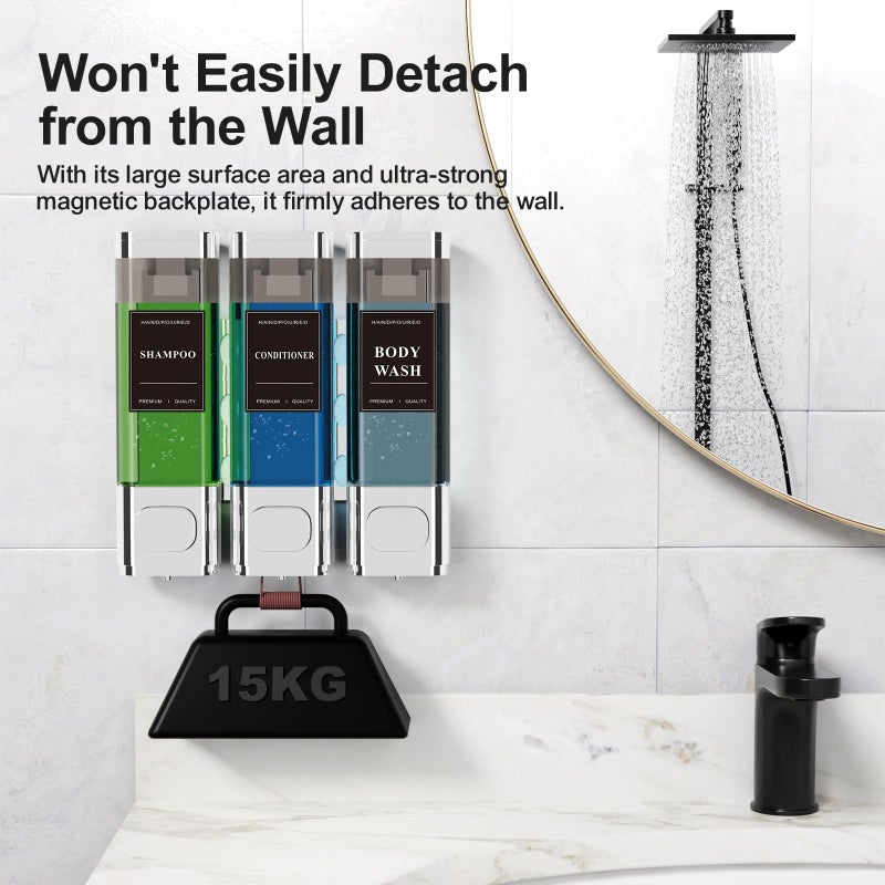 Aeakey Shampoo and Conditioner Dispenser â€“ Wall-Mounted Shower Soap Dispenser, No-Drill Installation, Lockable, 900 ml Capacity,for Bathroom & Hotel or Airbnb (Electroplated Silver, 3-Pack) - Image 2
