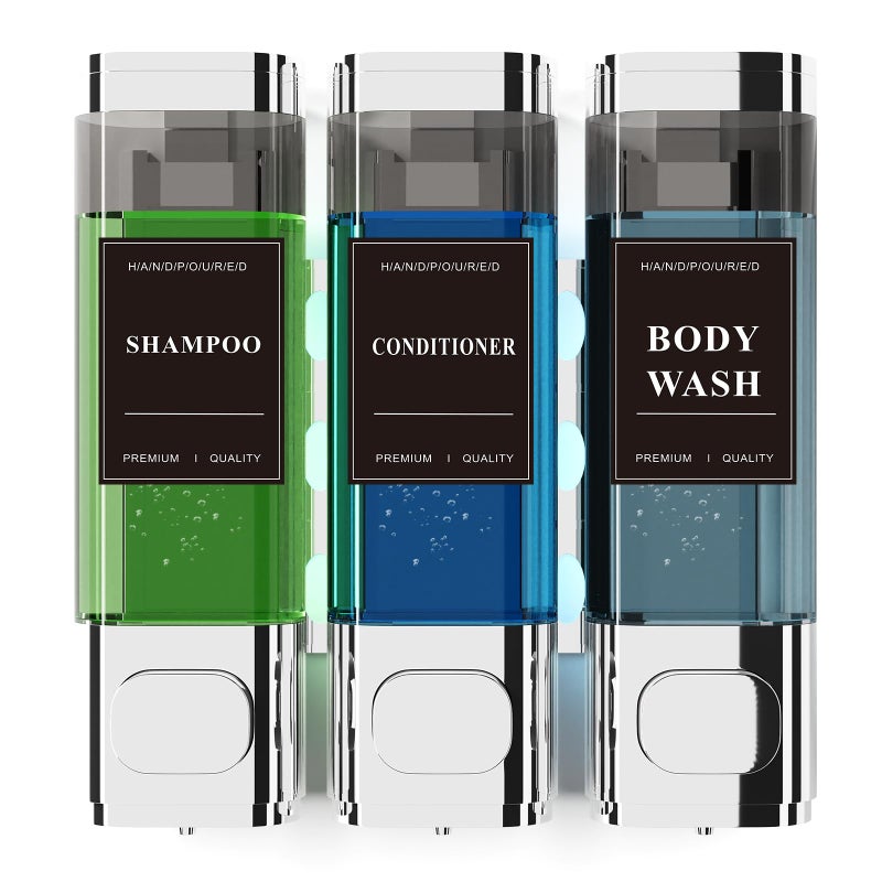 Aeakey Shampoo and Conditioner Dispenser â€“ Wall-Mounted Shower Soap Dispenser, No-Drill Installation, Lockable, 900 ml Capacity,for Bathroom & Hotel or Airbnb (Electroplated Silver, 3-Pack) - Image 1