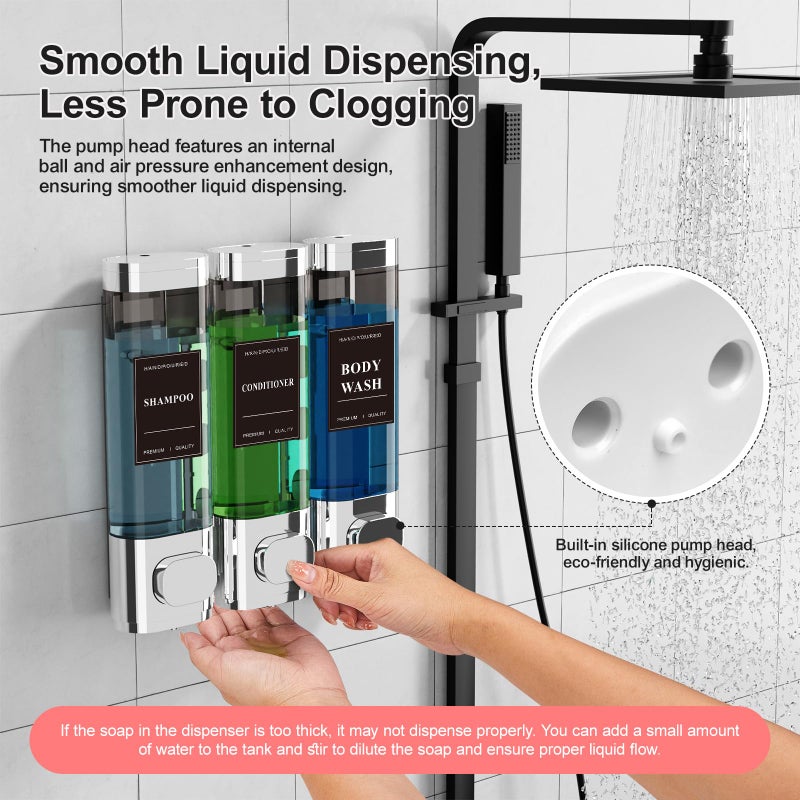 Aeakey Shampoo and Conditioner Dispenser â€“ Wall-Mounted Shower Soap Dispenser, No-Drill Installation, Lockable, 900 ml Capacity,for Bathroom & Hotel or Airbnb (Electroplated Silver, 3-Pack) - Image 3