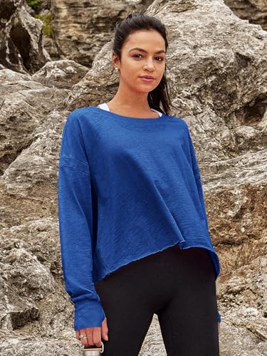 Panadila Womens Open Back Workout Top Long Sleeve Athletic Shirts Casual Crop Running Tee Y2k Yoga(Royal Blue,XL) - Image 2
