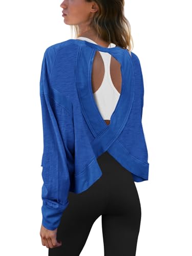 Panadila Womens Open Back Workout Top Long Sleeve Athletic Shirts Casual Crop Running Tee Y2k Yoga(Royal Blue,XL) - Image 1
