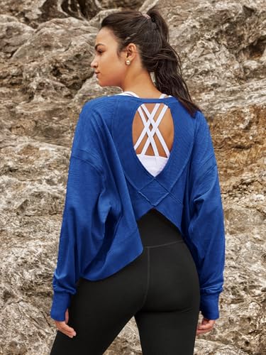 Panadila Womens Open Back Workout Top Long Sleeve Athletic Shirts Casual Crop Running Tee Y2k Yoga(Royal Blue,XL) - Image 3