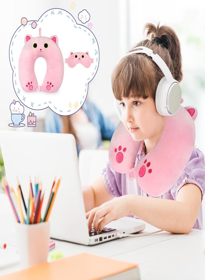Prewplam Kids Neck Pillow for Travel, Cute Cat Neck Pillow with Eye Mask for Sleeping Journey, Soft U-Shaped Travel Pillow for Airplane Car (Pink) - Image 4