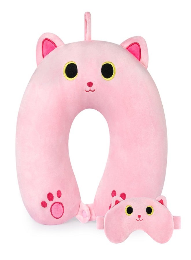 Prewplam Kids Neck Pillow for Travel, Cute Cat Neck Pillow with Eye Mask for Sleeping Journey, Soft U-Shaped Travel Pillow for Airplane Car (Pink) - Image 1