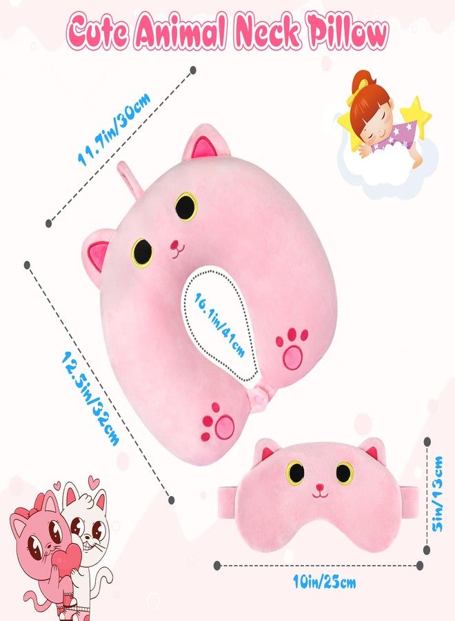 Prewplam Kids Neck Pillow for Travel, Cute Cat Neck Pillow with Eye Mask for Sleeping Journey, Soft U-Shaped Travel Pillow for Airplane Car (Pink) - Image 2